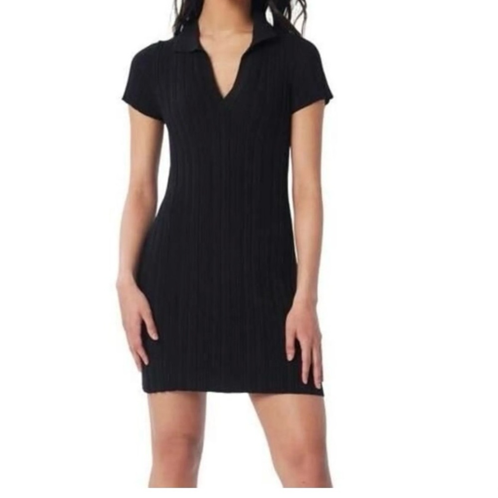 LITA BY CIARA Black Ribbed Mini Polo Dress Cotton Blend Size M